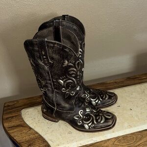 ROPER WOMEN'S FANCY SILVER INLAY WESTERN BOOTS - SQUARE TOE